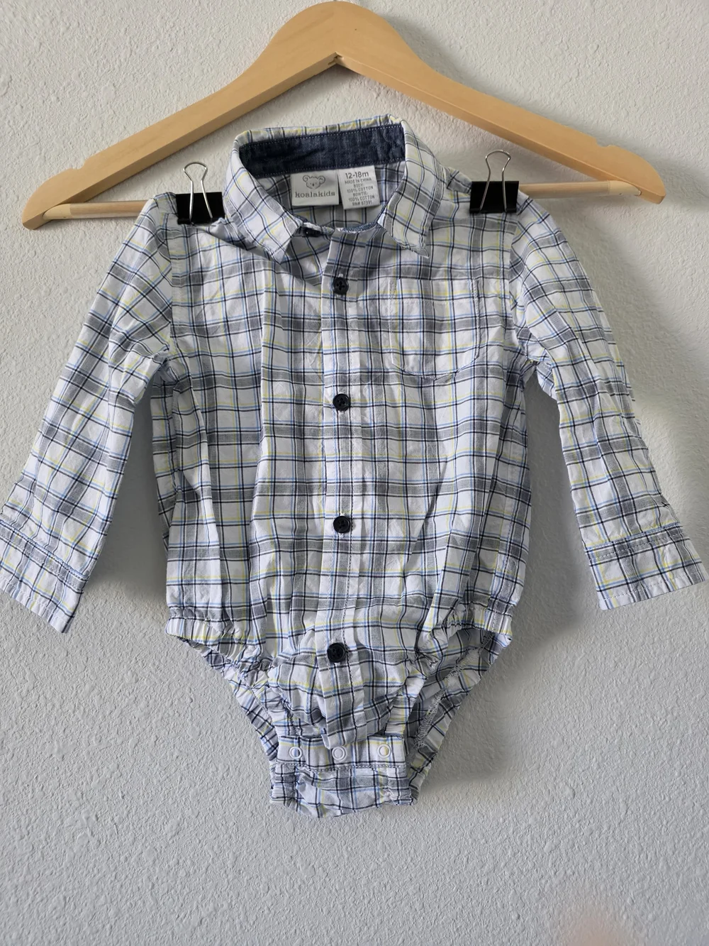 Koala Kids White and Blue Plaid Long-Sleeve One-Piece Bodysuit